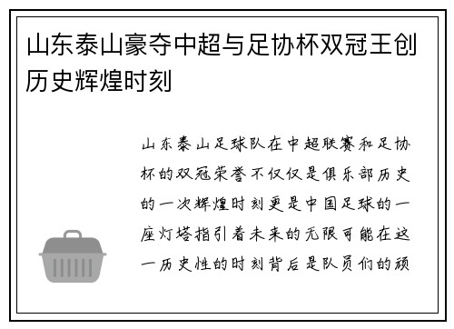 山东泰山豪夺中超与足协杯双冠王创历史辉煌时刻